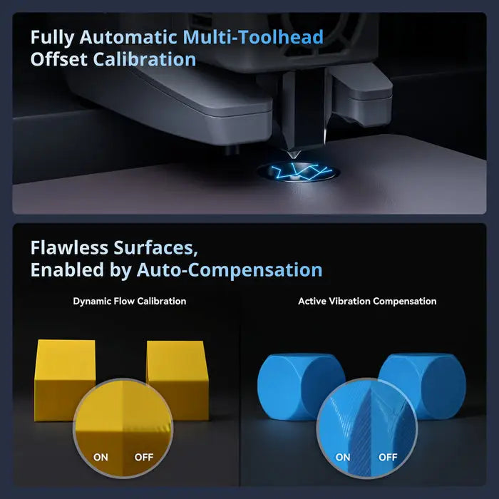 Gray flashforge creator 5 multi-colour 3d printer with independent toolheads and blue glowing calibration light