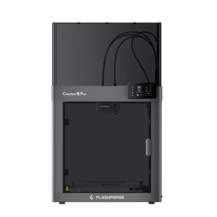 Flashforge creator 5 pro enclosed industrial 3d printer in black and gray with digital control panel and active chamber heating
