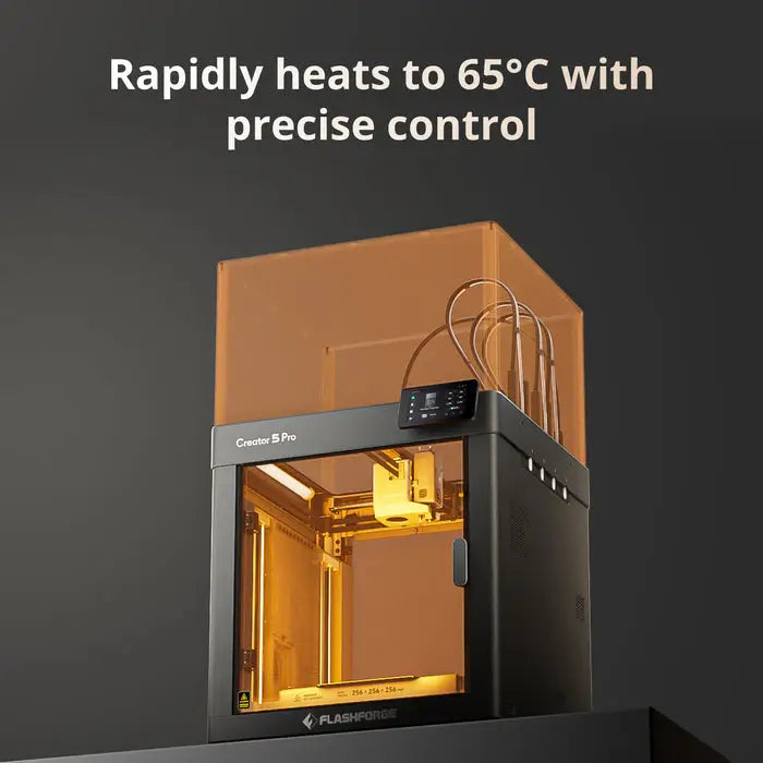 Black Flashforge Creator 5 Pro enclosed 3D printer with transparent orange enclosure panel and digital control display