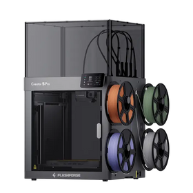 Silver and black flashforge creator 5 pro enclosed industrial 3d printer with active chamber heating and colorful filament spools