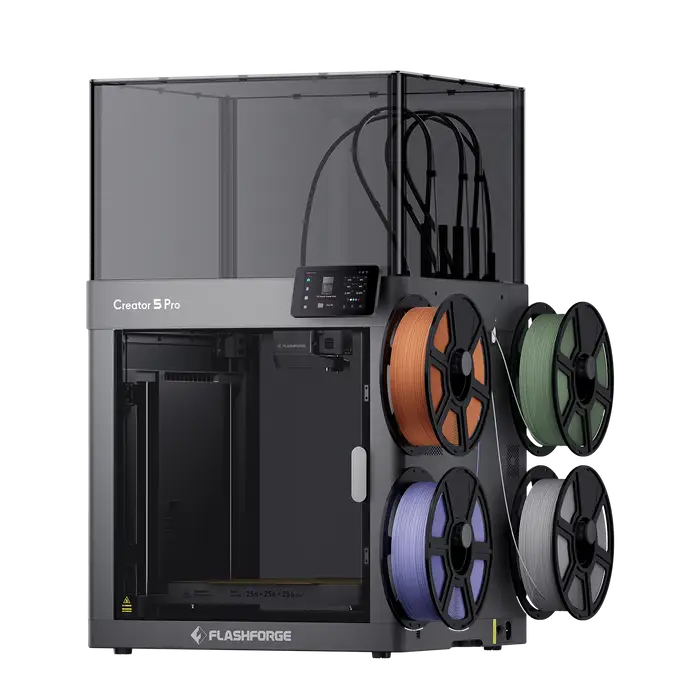 Silver and black flashforge creator 5 pro enclosed industrial 3d printer with active chamber heating and colorful filament spools