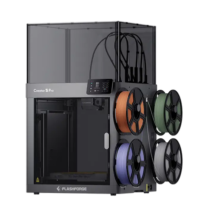 Silver and black flashforge creator 5 pro enclosed industrial 3d printer with active chamber heating and colorful filament spools