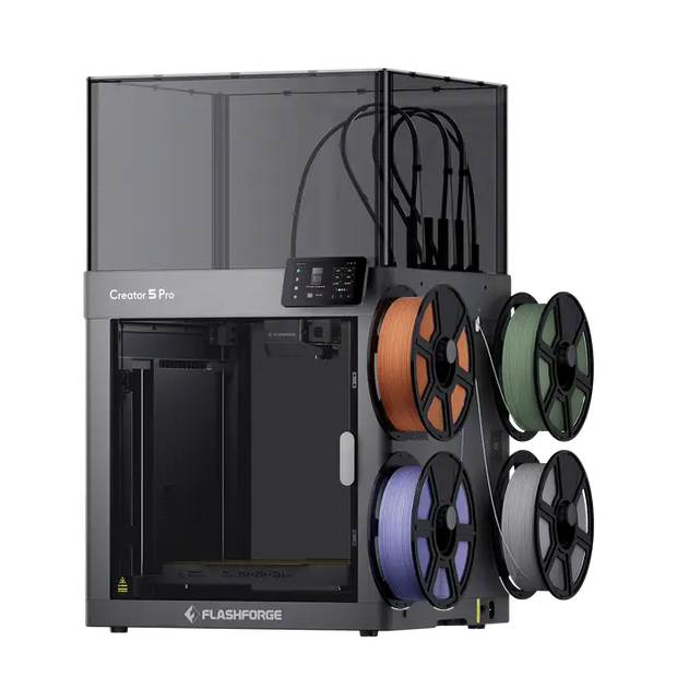 Silver and black flashforge creator 5 pro enclosed industrial 3d printer with active chamber heating and colorful filament spools