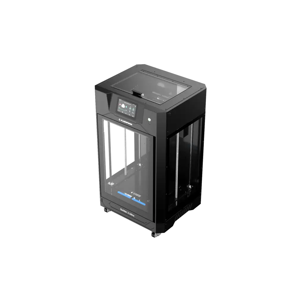 Black 3D printer with transparent enclosure.