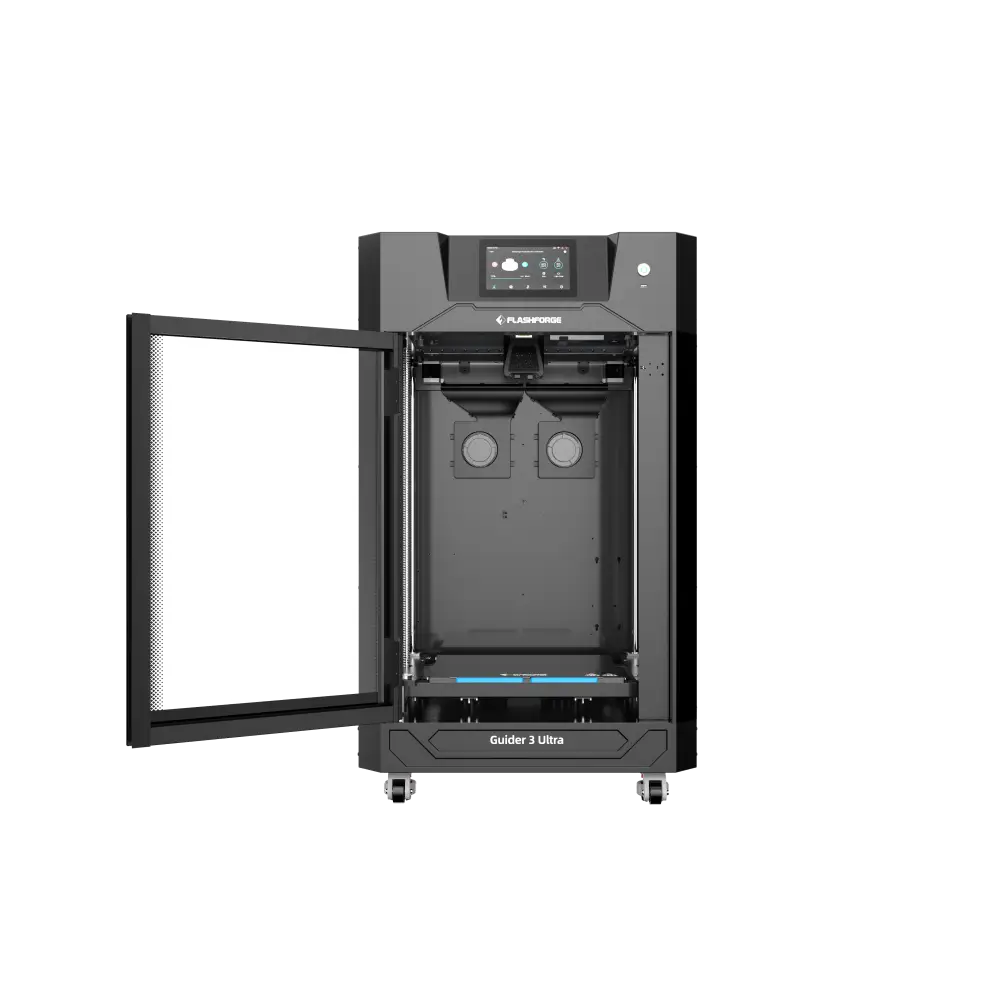 Open-door, gray 3D printer.
