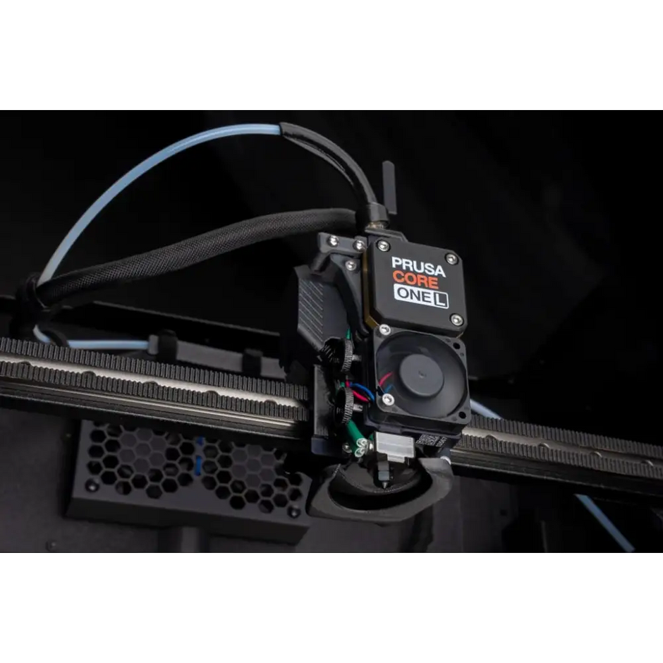 Prusa Core 3D printer with black and red design and transparent glass bed