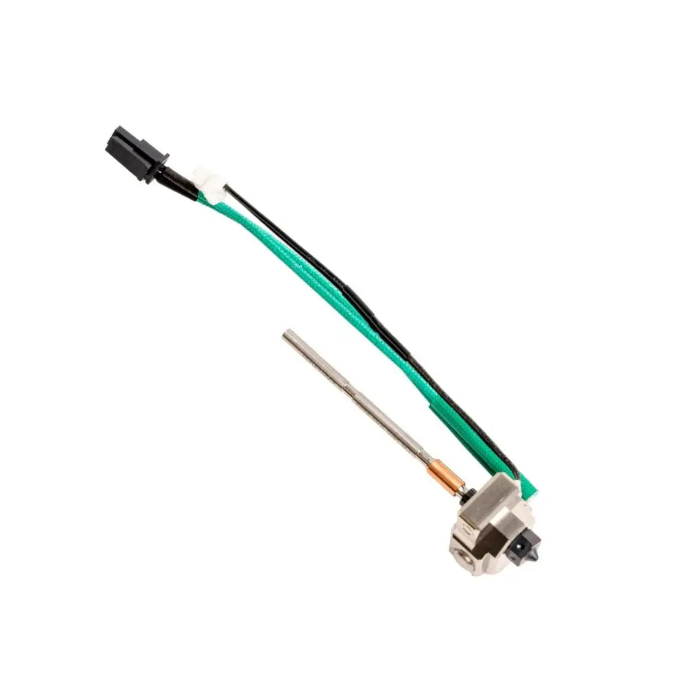 Prusa Core HT hotend upgrade with 3D printer nozzle, green black wires, metallic tip