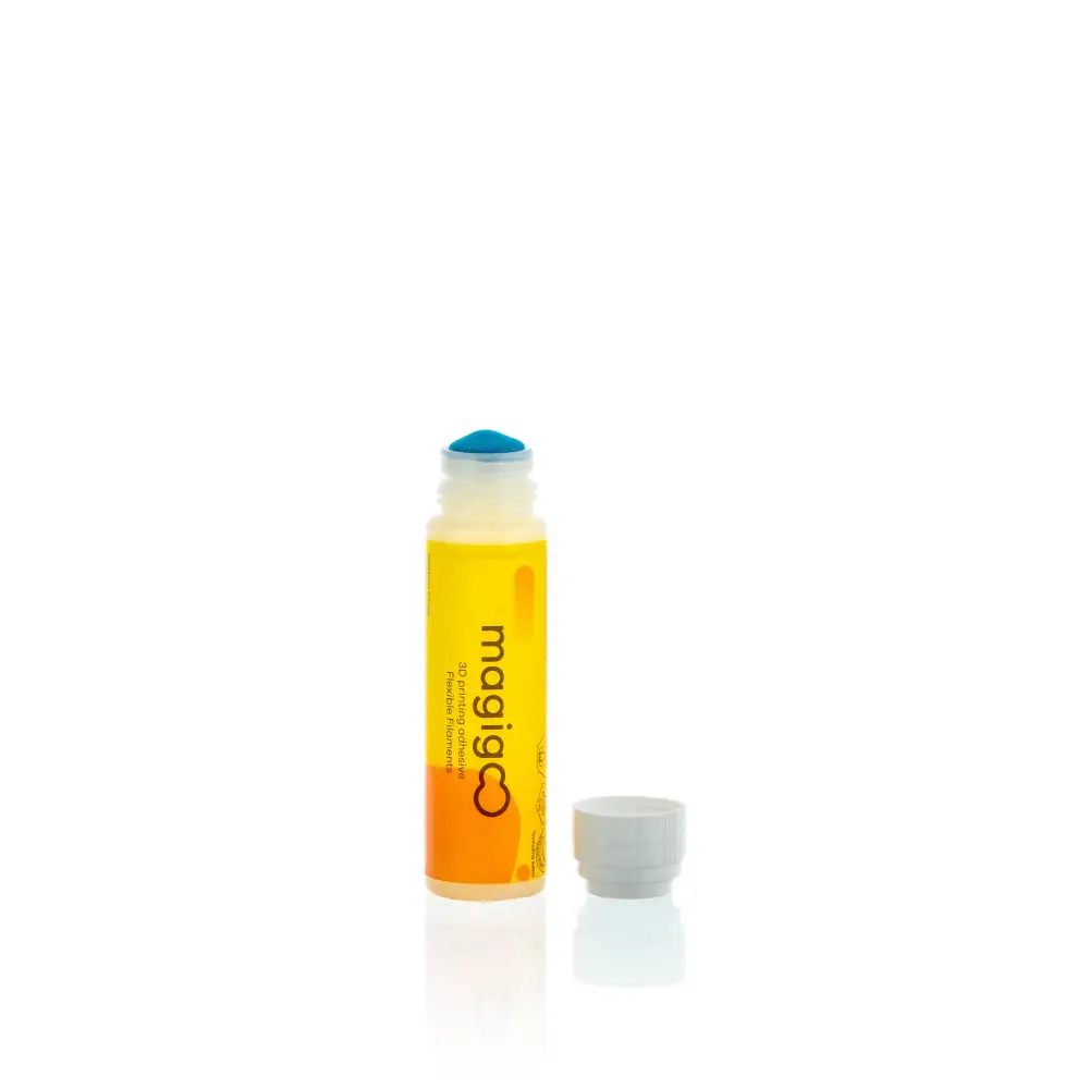 Yellow and orange lip balm tube with a blue cap.