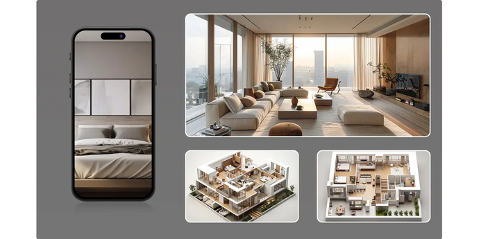 Modern smartphone displaying a minimalist bedroom interior.