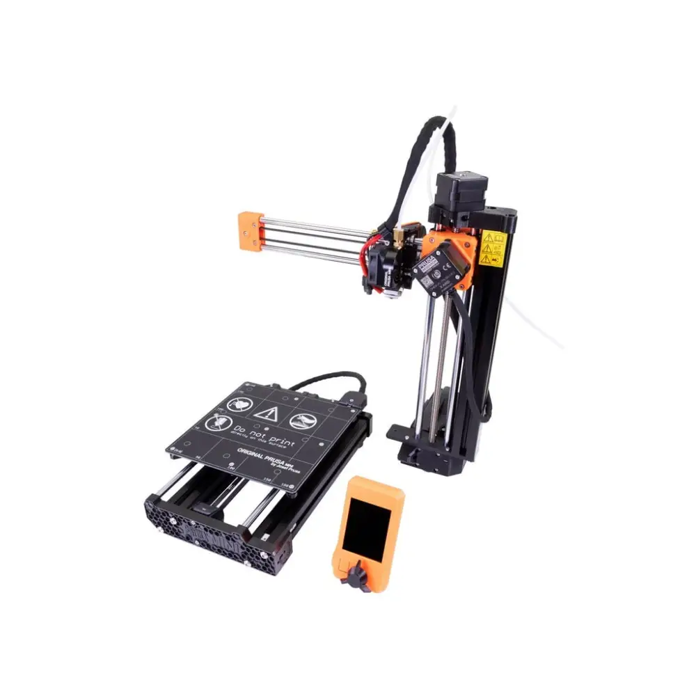 3D printer with orange accents.