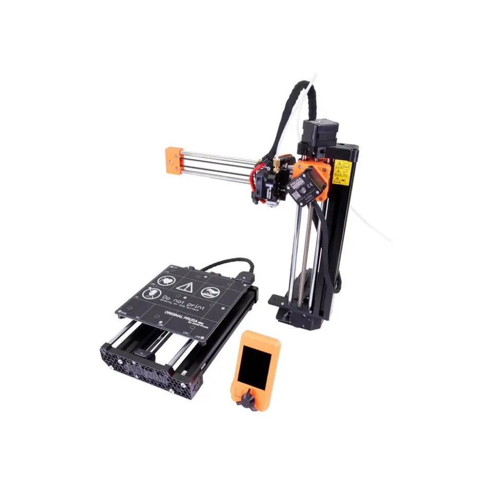 3D printer with orange accents.