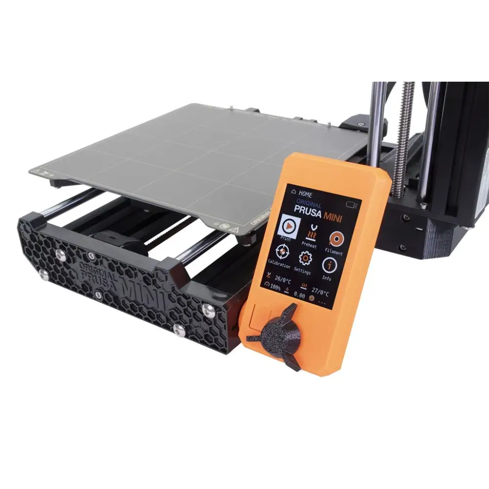 Orange Prusa Mini 3D printer.