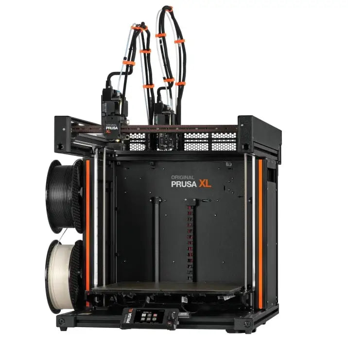 3D printer with an open frame design and orange accents, labeled ’PRUSA XL’.