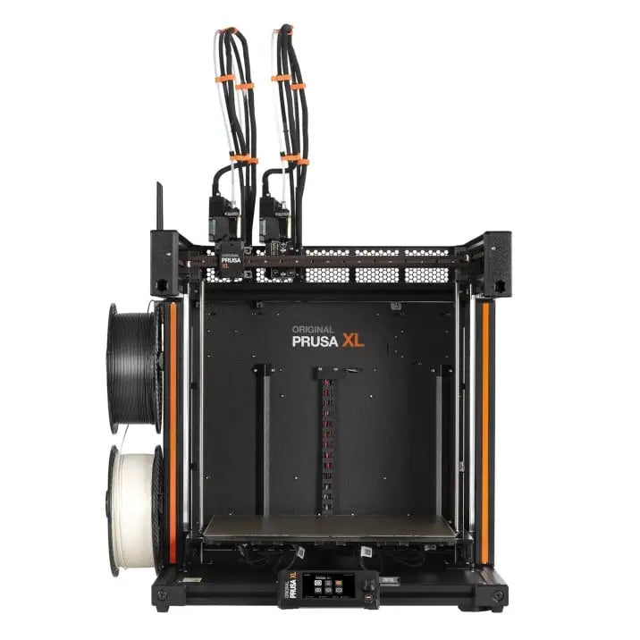 3D printer with an open frame design and orange accents.