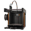 3D printer with an open front design and orange accents.