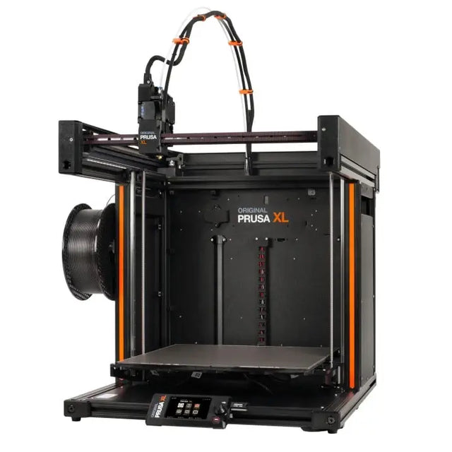 3D printer with an open front design and orange accents.