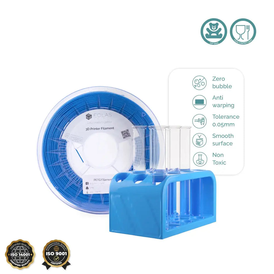 Cyan PETG filament spool with 3D printed object — chemical resistant, food safe