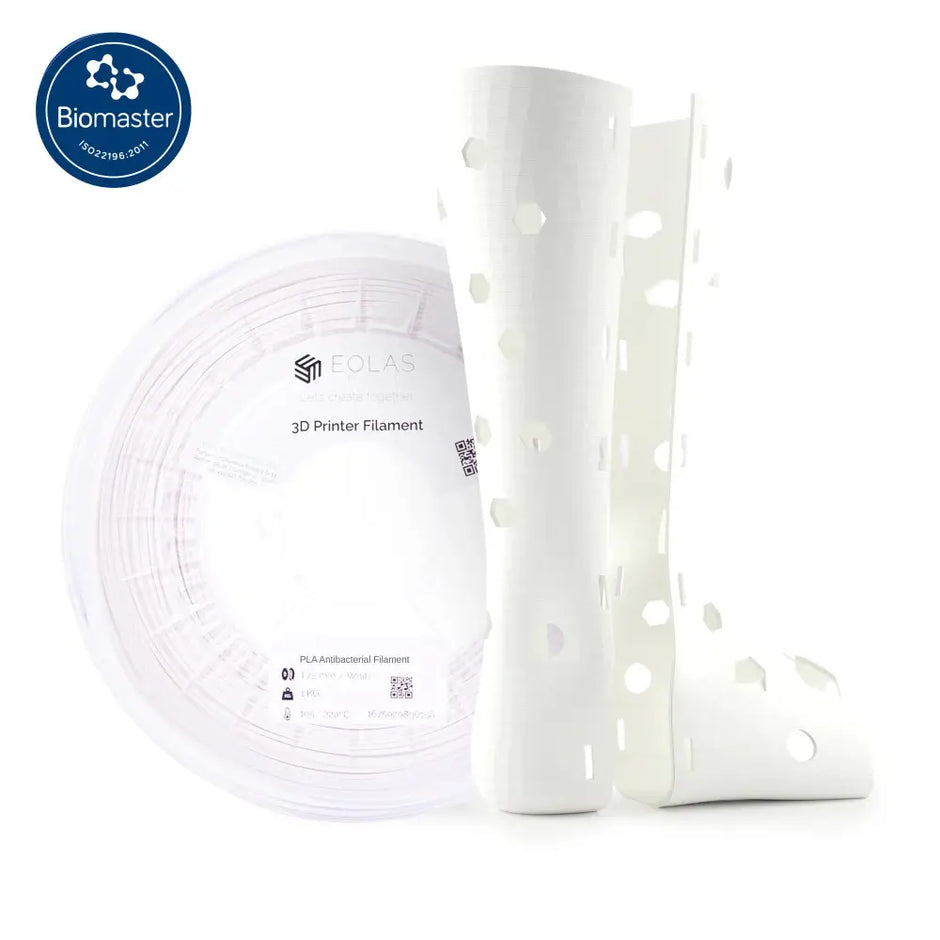 White 3D printer filament spool with a perforated cylindrical holder.