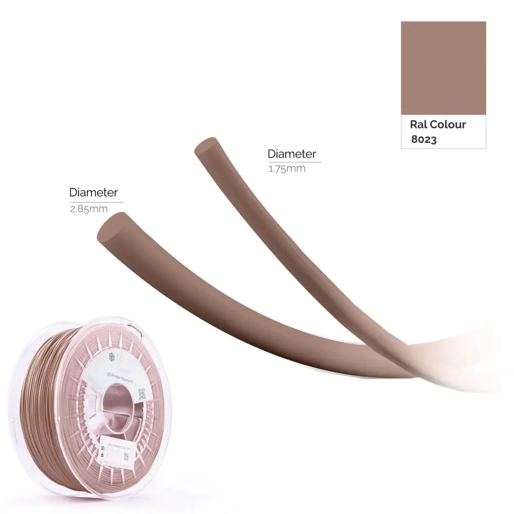 PLA filament 1.75mm spool in RAL 8023 beige, 2.85mm and 1.75mm diameters