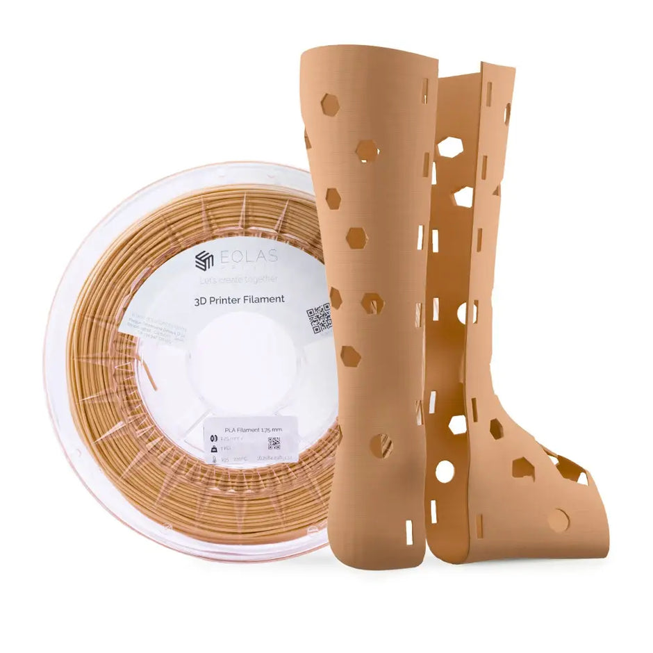 Tan PLA filament 1.75mm spool with orthopedic boot model and food contact casing