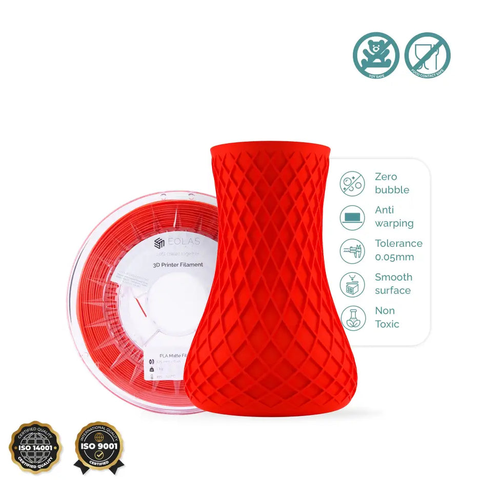 A red PLA Matte spool with a 3d printed jar 