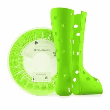Bright green PLA neon filament with two printed shin guards for 3D printing projects