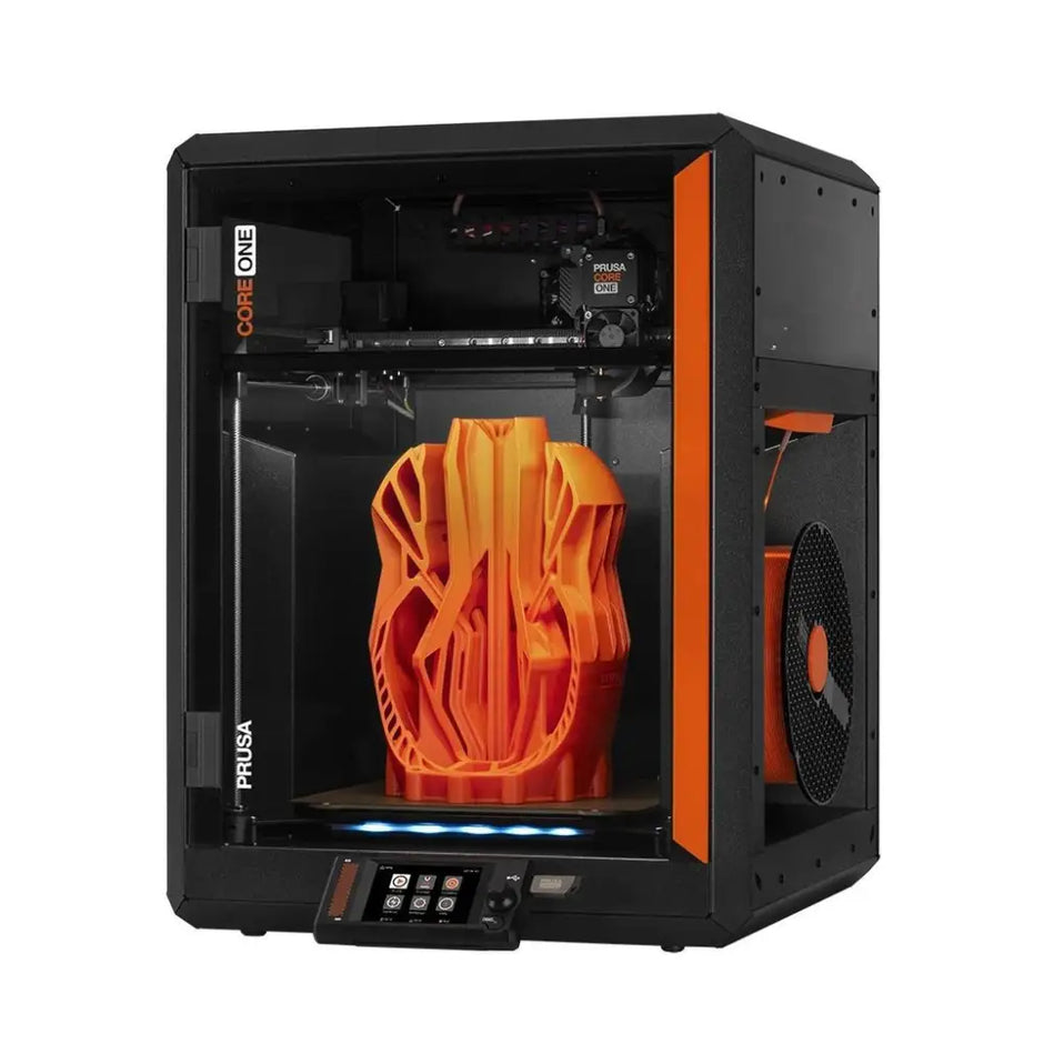 Black and orange 3D printer with orange object inside.