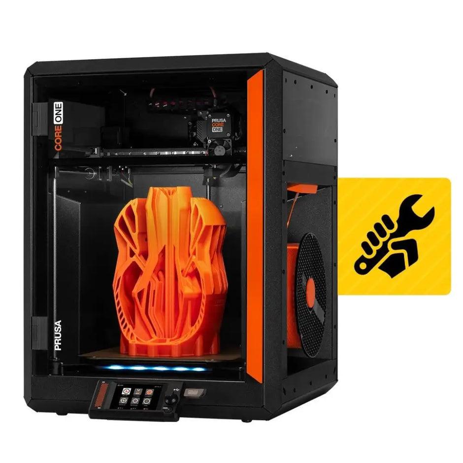 Black and orange Prusa Core One 3D printer with large orange print, E3D V6 compatible, motors RPM monitoring