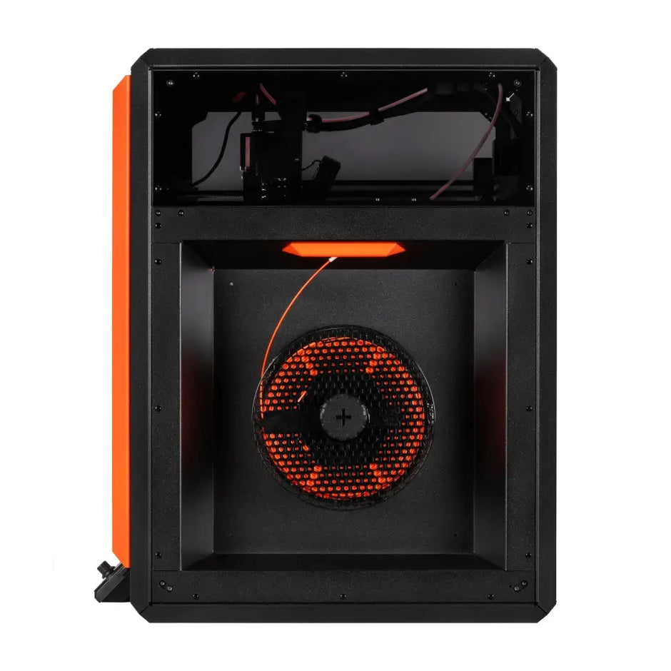 Prusa CORE One L 3D printer in black and orange with red accents, open design