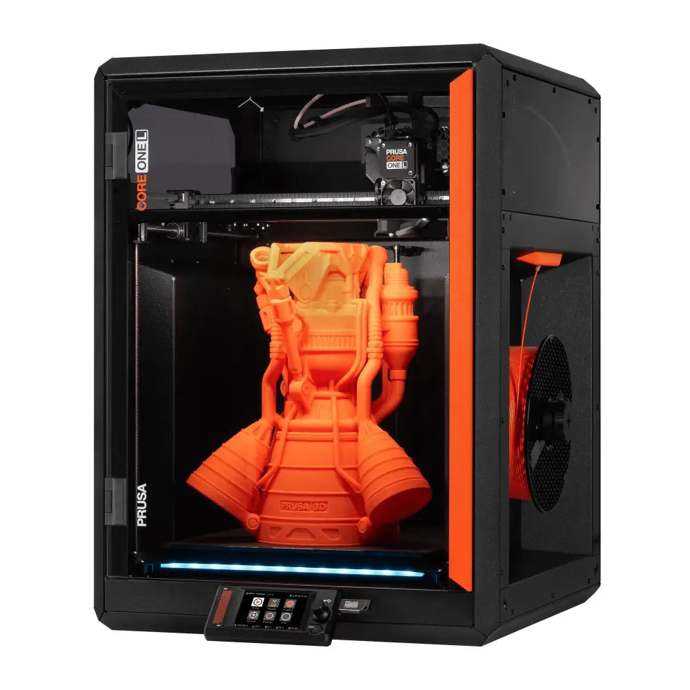 Prusa CORE One L 3D printer with orange-black design printing large object, E3D V6 compatible