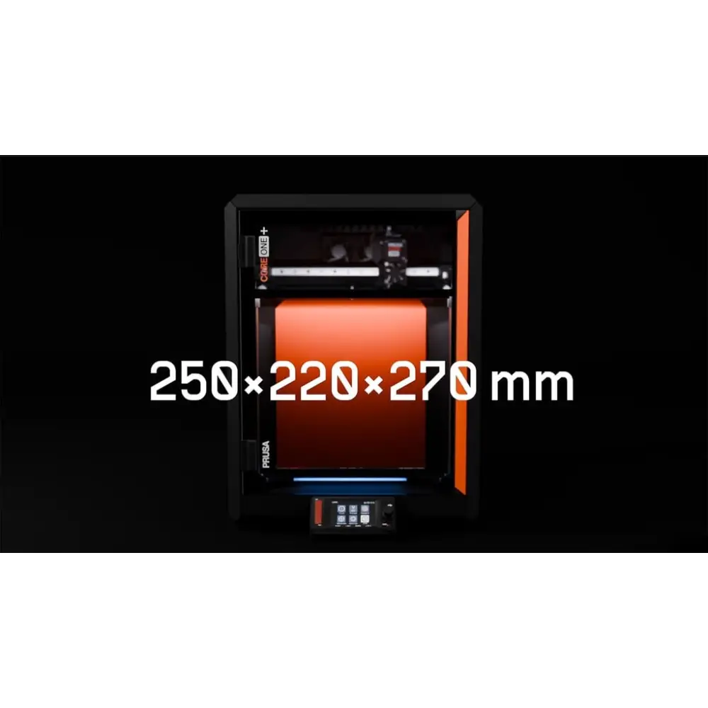 Prusa Core One Plus 3D printer with black orange accents and digital display