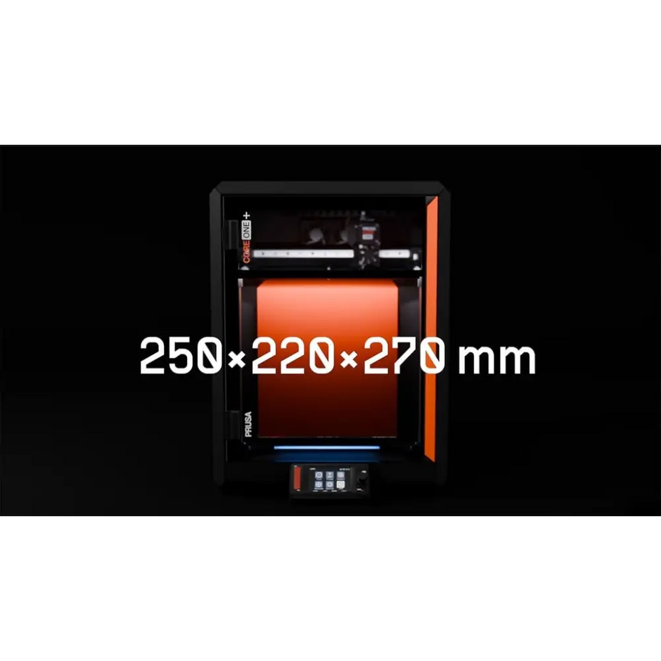 Prusa Core One Plus 3D printer with black orange accents and digital display