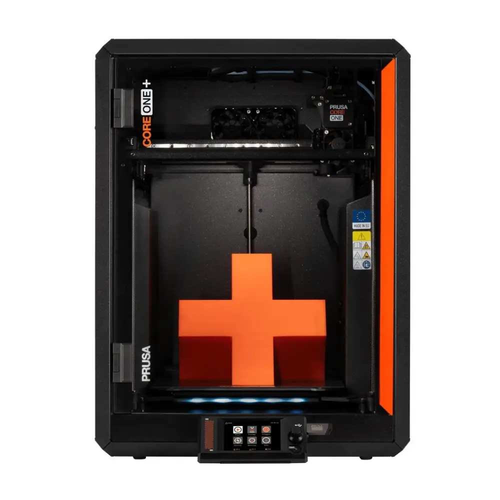 Prusa Core One Plus 3D printer with black orange design, E3D V6 compatible