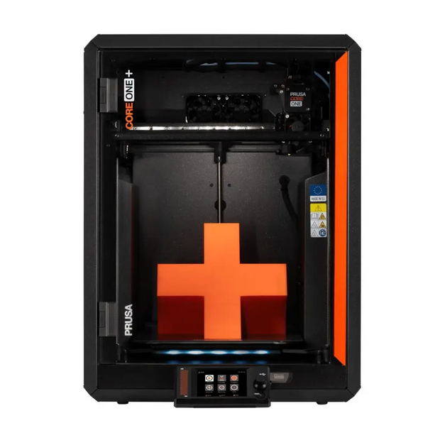 Prusa Core One Plus 3D printer with black orange design, E3D V6 compatible