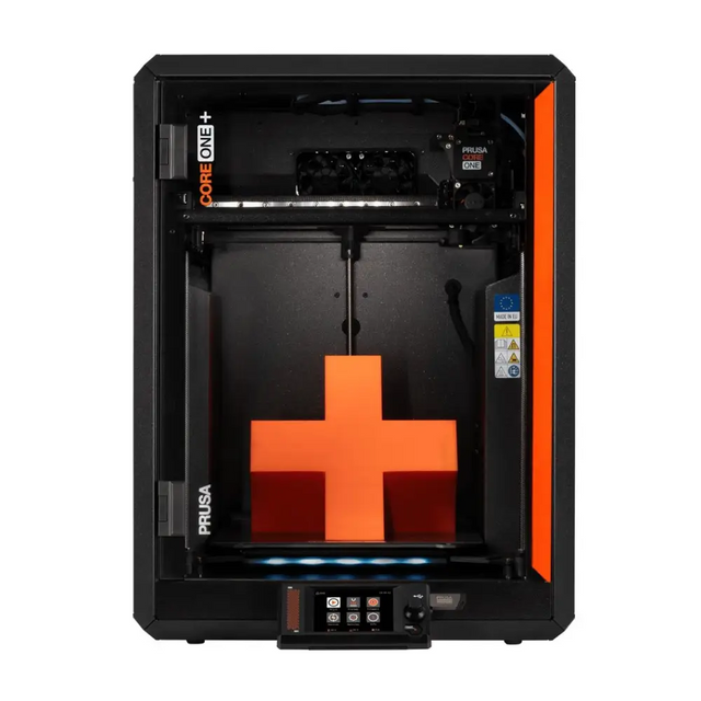 Prusa Core One Plus 3D printer with black orange design, E3D V6 compatible