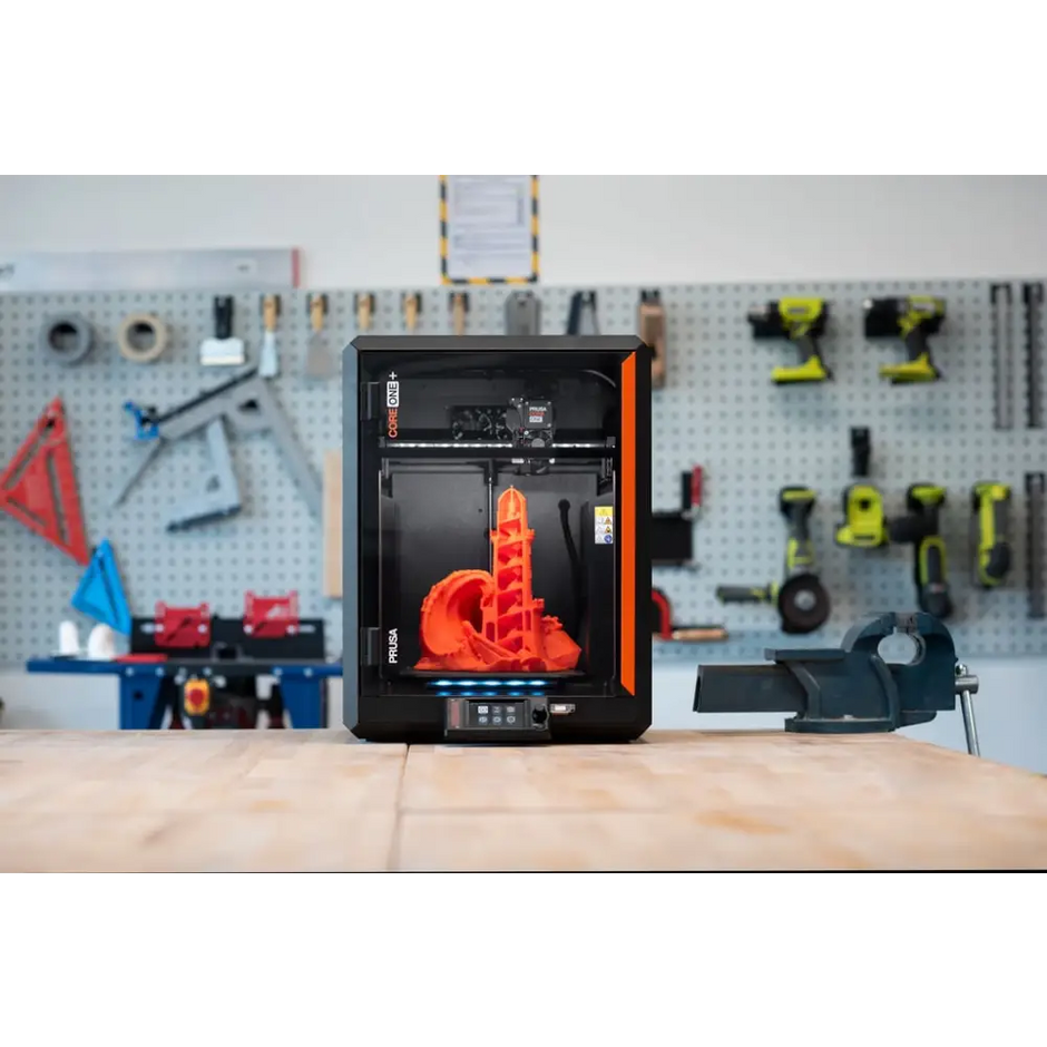 Prusa Core One Plus + 3D printer with orange black design and spiral print