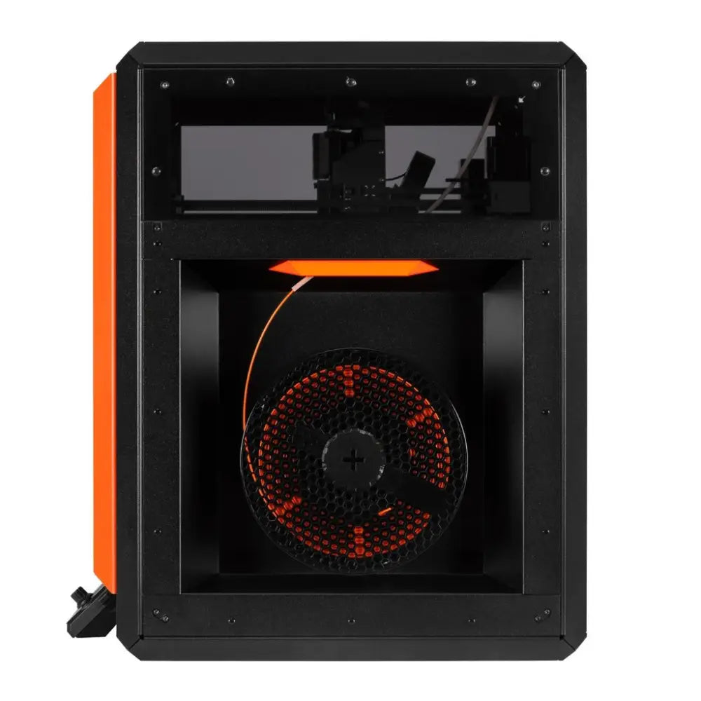 Prusa Core One Plus 3D printer with black body, orange accents, red fan, E3D V6 compatible