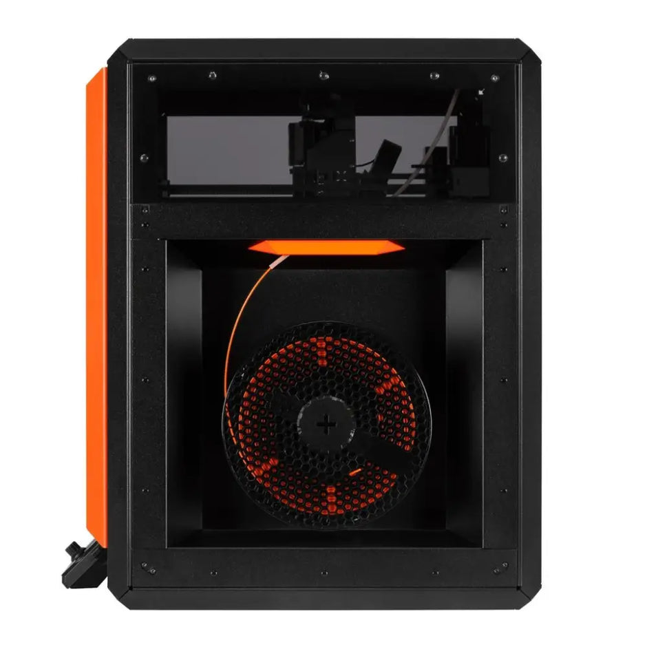 Prusa Core One Plus 3D printer with black body, orange accents, red fan, E3D V6 compatible