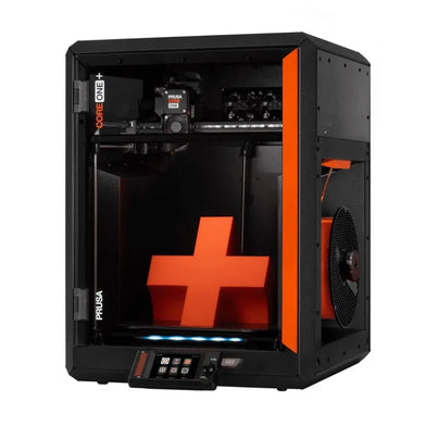 Prusa Core One Plus 3D printer with orange-black design and large plus sign