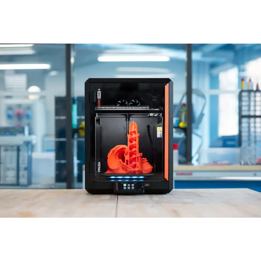 Prusa Core One Plus+ 3D printer with orange-black design printing red spiral, E3D V6 compatible