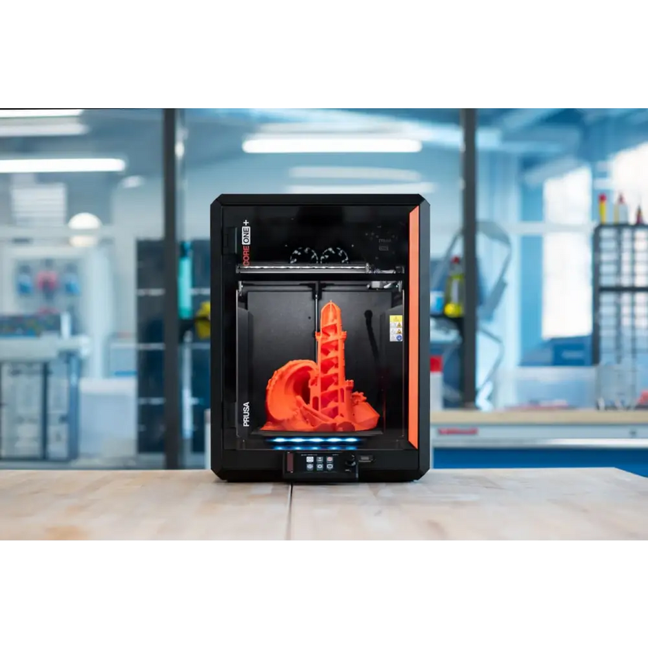 Prusa Core One Plus+ 3D printer with orange-black design printing red spiral, E3D V6 compatible