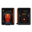 Two black and orange 3D printers.