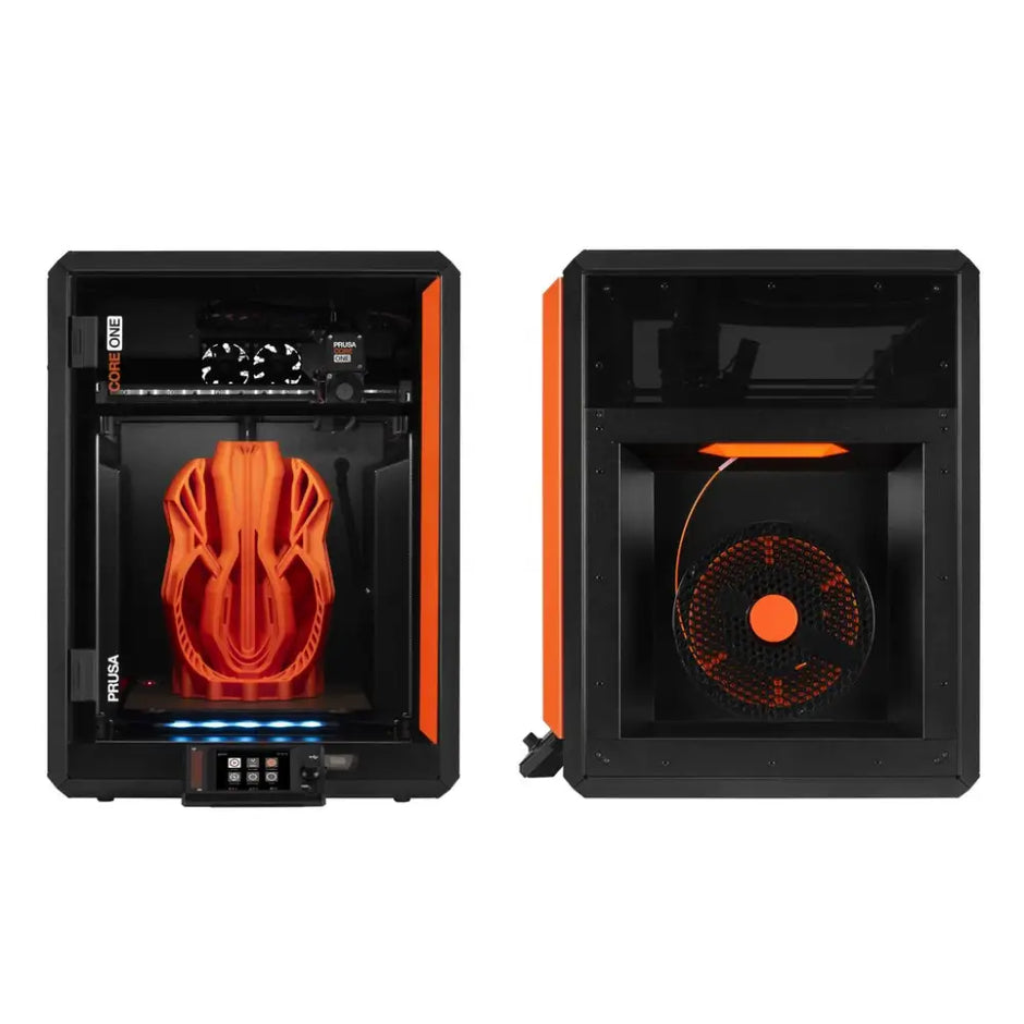 Two black and orange 3D printers.