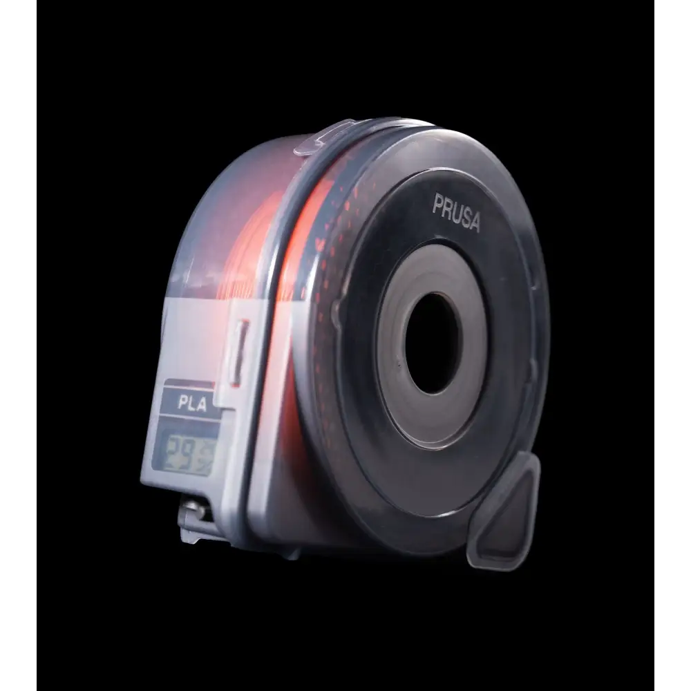 Prusa USS Drybox with red and black PLA filament spool