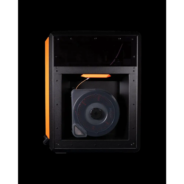 Prusa USS Drybox with 3D printer in black frame and orange accents