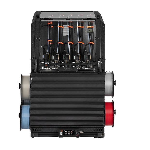 Prusa XL+ con cerramiento, vista frontal con portabobinas