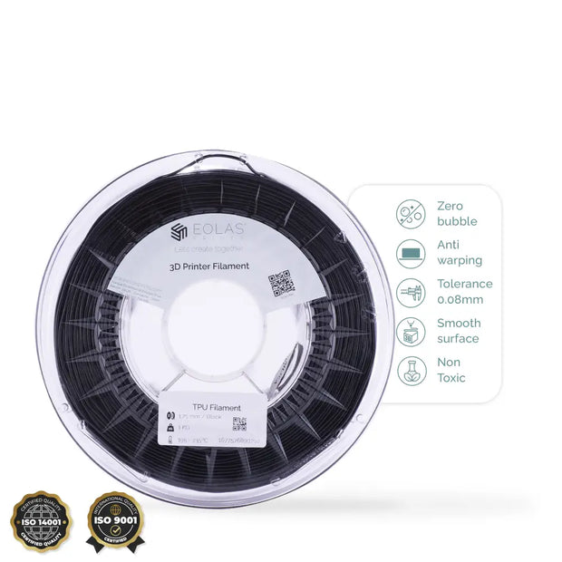 Black spool of 3D printer filament with product specifications and certification badges.