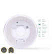 Spool of white 3D printer filament with quality certification badges.