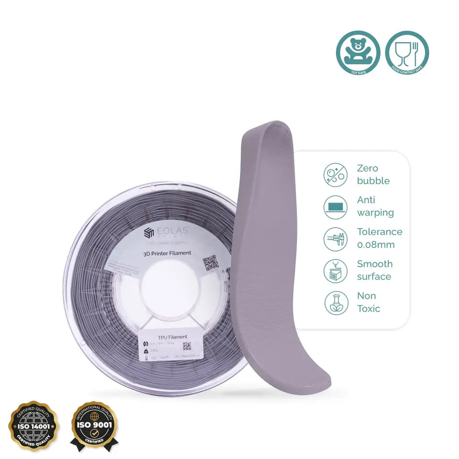 Grey TPU D53 flexible filament spool side detail — Shore D53, Eolas Prints