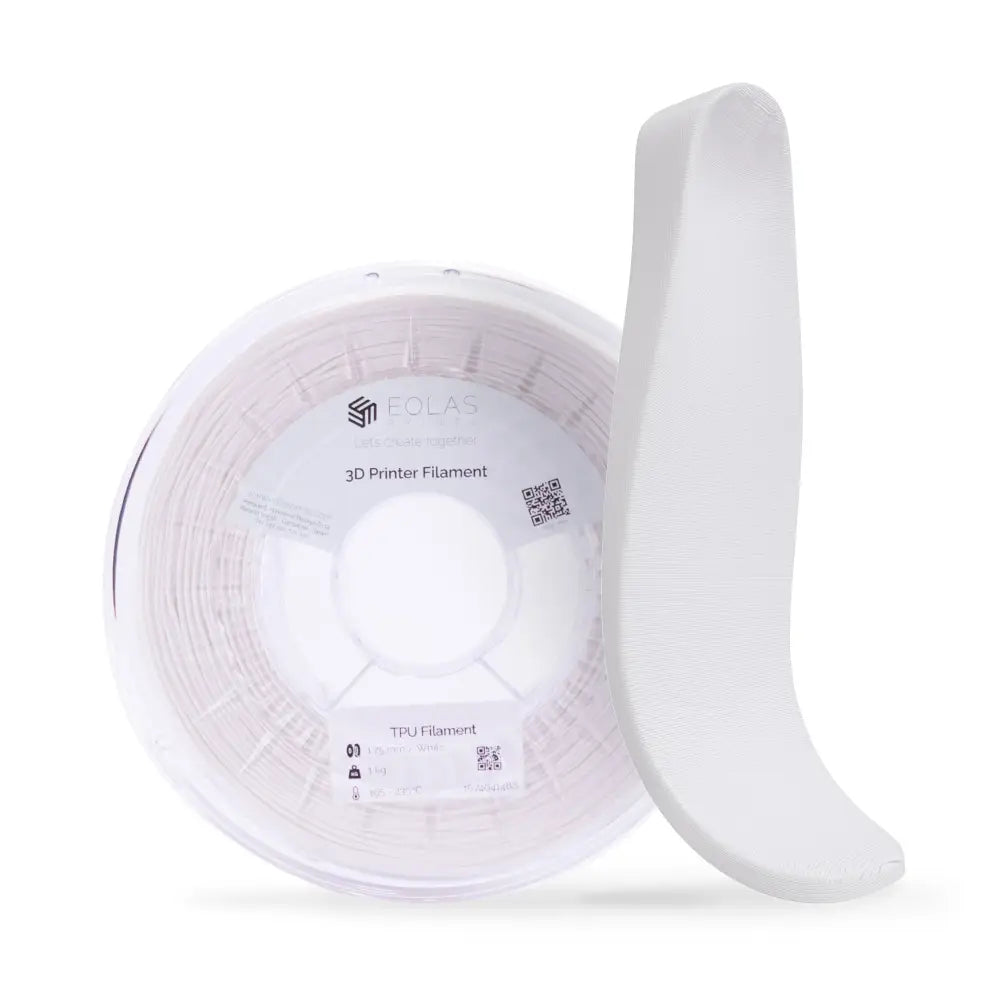 Spool of white 3D printer filament with a curved section extending upward.